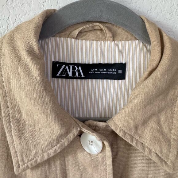Zara Linen Blend Shacket Sz M Tan Button Up Lightweight Jacket Boho Minimalist - Picture 8 of 8